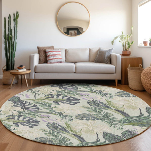 HomeRoots 5' Botanical Leaves Area Rug in Artichoke Green, Lavender & Ivory - Washable for Indoor/Outdoor Use 8' Round 618384