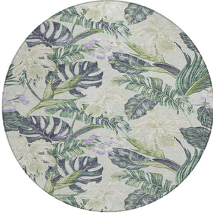 HomeRoots 5' Botanical Leaves Area Rug in Artichoke Green, Lavender & Ivory - Washable for Indoor/Outdoor Use 8' Round 618384