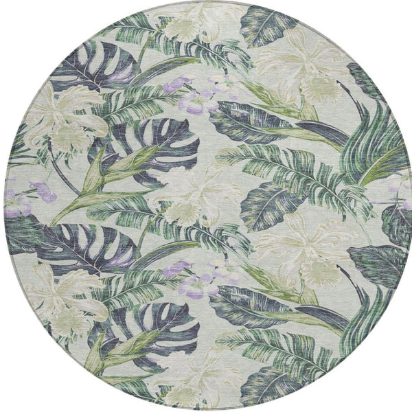 HomeRoots 5' Botanical Leaves Area Rug in Artichoke Green, Lavender & Ivory - Washable for Indoor/Outdoor Use 8' Round 618384