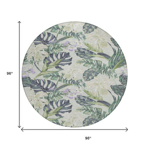 HomeRoots 5' Botanical Leaves Area Rug in Artichoke Green, Lavender & Ivory - Washable for Indoor/Outdoor Use 8' Round 618384