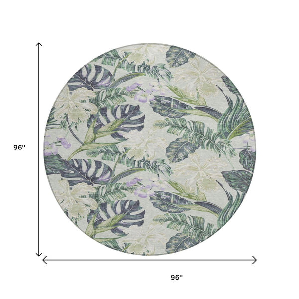HomeRoots 5' Botanical Leaves Area Rug in Artichoke Green, Lavender & Ivory - Washable for Indoor/Outdoor Use 8' Round 618384