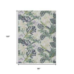 HomeRoots 5' Botanical Leaves Area Rug in Artichoke Green, Lavender & Ivory - Washable for Indoor/Outdoor Use 8' X 10' 618385