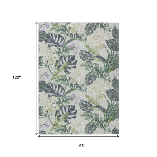 HomeRoots 5' Botanical Leaves Area Rug in Artichoke Green, Lavender & Ivory - Washable for Indoor/Outdoor Use 8' X 10' 618385