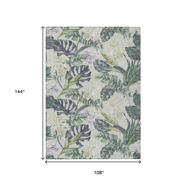 HomeRoots 5' Botanical Leaves Area Rug in Artichoke Green, Lavender & Ivory - Washable for Indoor/Outdoor Use 9' X 12' 618386