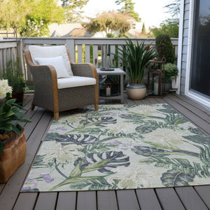 HomeRoots 5' Botanical Leaves Area Rug in Artichoke Green, Lavender & Ivory - Washable for Indoor/Outdoor Use 9' X 12' 618386