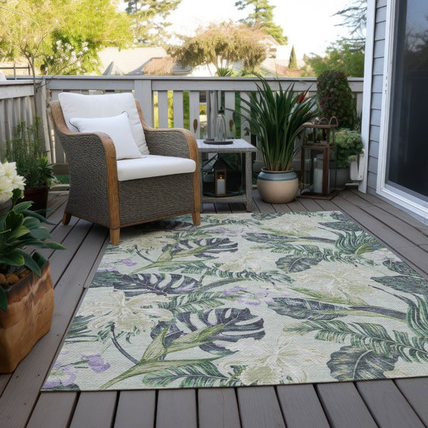 HomeRoots 5' Botanical Leaves Area Rug in Artichoke Green, Lavender & Ivory - Washable for Indoor/Outdoor Use 9' X 12' 618386