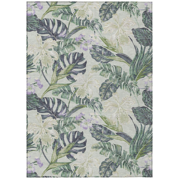 HomeRoots 5' Botanical Leaves Area Rug in Artichoke Green, Lavender & Ivory - Washable for Indoor/Outdoor Use 9' X 12' 618386