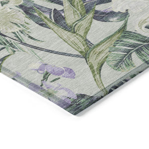 HomeRoots 5' Botanical Leaves Area Rug in Artichoke Green, Lavender & Ivory - Washable for Indoor/Outdoor Use 9' X 12' 618386