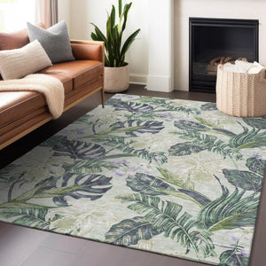 HomeRoots 5' Botanical Leaves Area Rug in Artichoke Green, Lavender & Ivory - Washable for Indoor/Outdoor Use 9' X 12' 618386