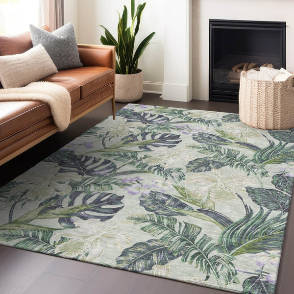HomeRoots 5' Botanical Leaves Area Rug in Artichoke Green, Lavender & Ivory - Washable for Indoor/Outdoor Use 9' X 12' 618386