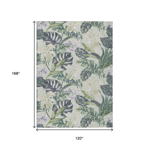 HomeRoots 5' Botanical Leaves Area Rug in Artichoke Green, Lavender & Ivory - Washable for Indoor/Outdoor Use 10' X 14' 618387