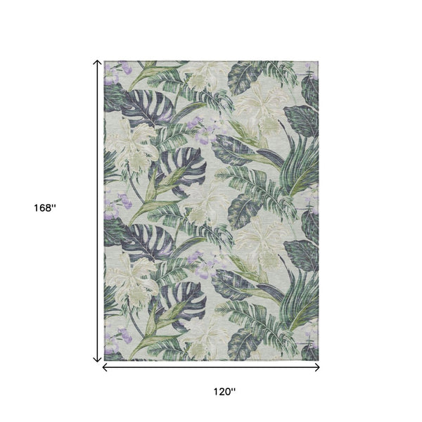 HomeRoots 5' Botanical Leaves Area Rug in Artichoke Green, Lavender & Ivory - Washable for Indoor/Outdoor Use 10' X 14' 618387