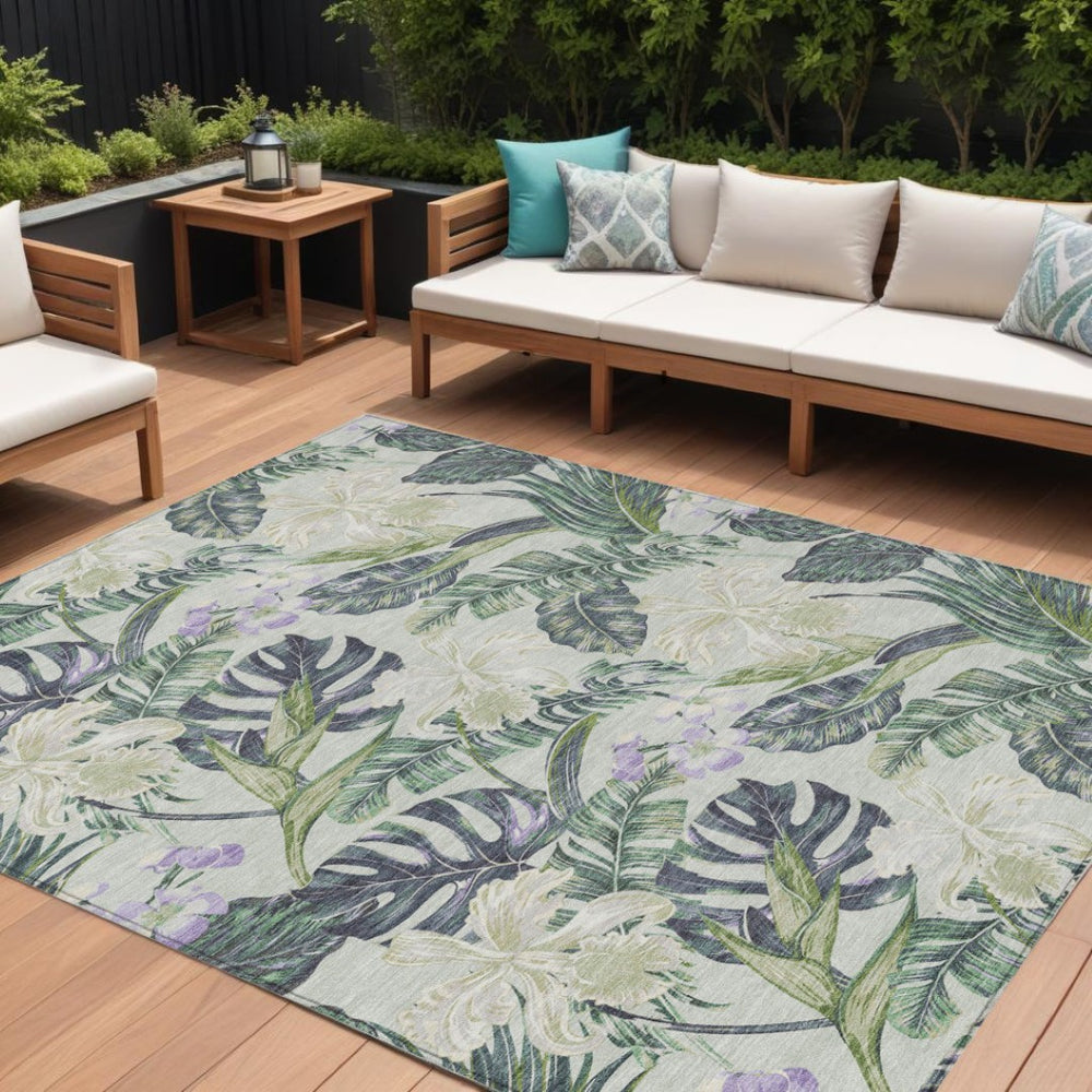HomeRoots 5' Botanical Leaves Area Rug in Artichoke Green, Lavender & Ivory - Washable for Indoor/Outdoor Use 10' X 14' 618387