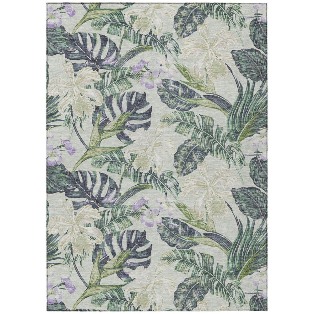 HomeRoots 5' Botanical Leaves Area Rug in Artichoke Green, Lavender & Ivory - Washable for Indoor/Outdoor Use 10' X 14' 618387