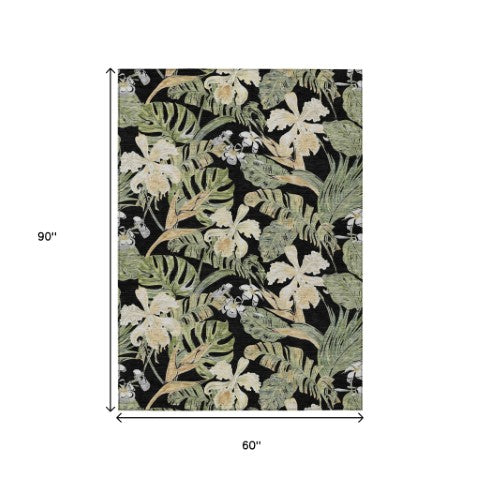 Homeroots 3' Stylish Botanical Leaves Area Rug - Durable, Washable, Perfect For Indoor & Outdoor Spaces Black Polyester 618389