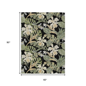 Homeroots 3' Stylish Botanical Leaves Area Rug - Durable, Washable, Perfect For Indoor & Outdoor Spaces Black Polyester 618389