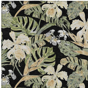 Homeroots 3' Stylish Botanical Leaves Area Rug - Durable, Washable, Perfect For Indoor & Outdoor Spaces Black Polyester 618389