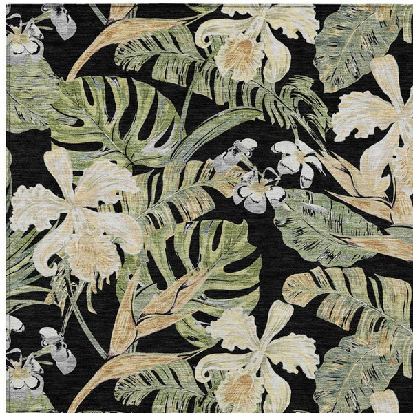 Homeroots 3' Stylish Botanical Leaves Area Rug - Durable, Washable, Perfect For Indoor & Outdoor Spaces Black Polyester 618389