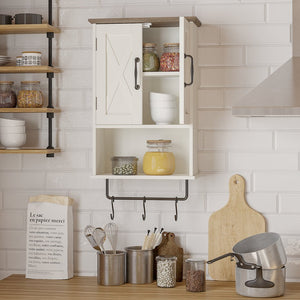 English Elm Farmhouse Vintage Wall Cabinet with Towel Rack, 3 Hooks & Adjustable Shelf — Beige Brown MDF Storage T3771P352295