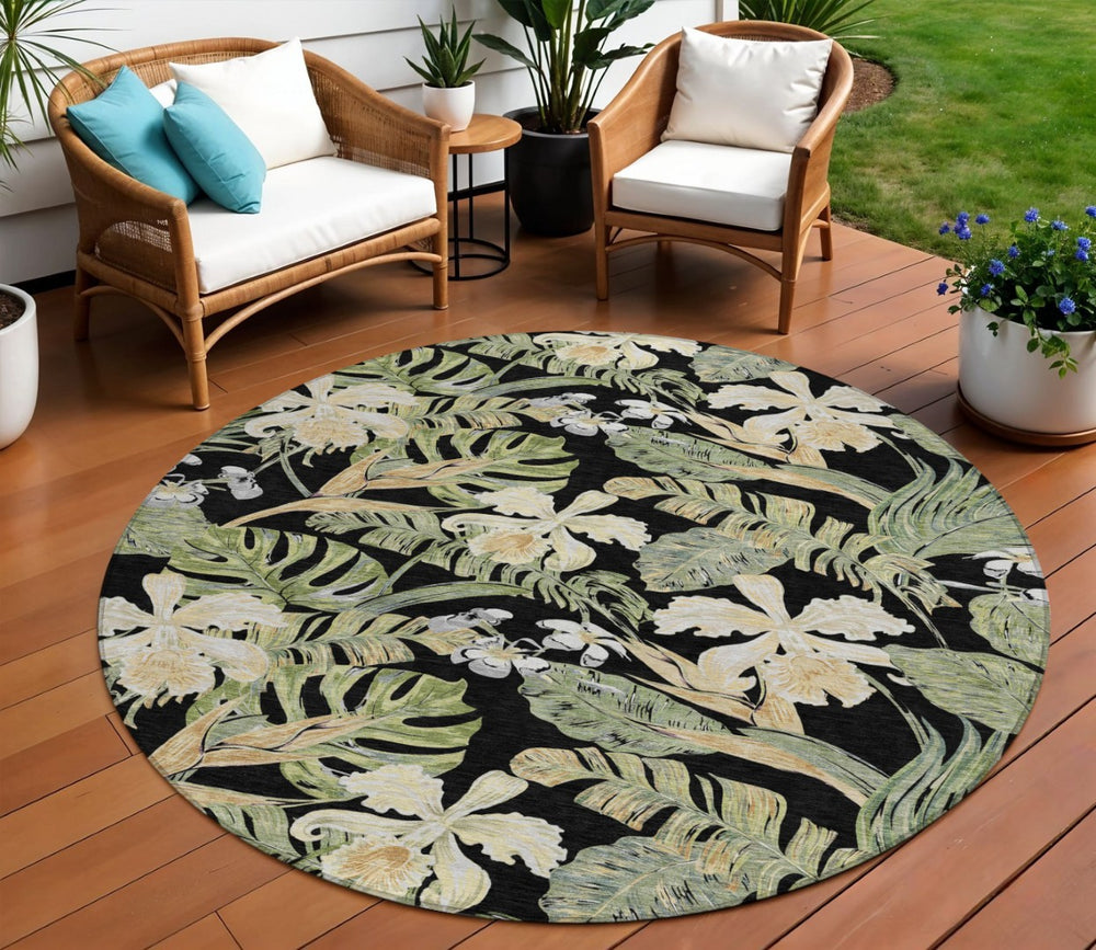 HomeRoots 5' Botanical Leaves Area Rug - Washable, Durable, Indoor Outdoor Design for Your Home & Patio Spaces 8' Round 618390
