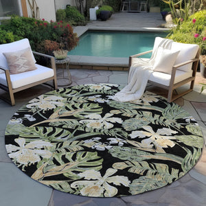 Homeroots 3' Stylish Botanical Leaves Area Rug - Durable, Washable, Perfect For Indoor & Outdoor Spaces Black Polyester 618390