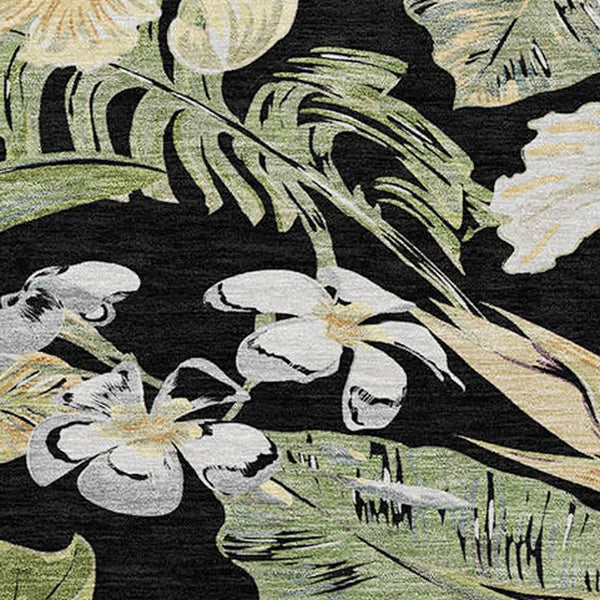 Homeroots 3' Stylish Botanical Leaves Area Rug - Durable, Washable, Perfect For Indoor & Outdoor Spaces Black Polyester 618390
