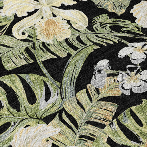 Homeroots 3' Stylish Botanical Leaves Area Rug - Durable, Washable, Perfect For Indoor & Outdoor Spaces Black Polyester 618390