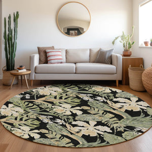 Homeroots 3' Stylish Botanical Leaves Area Rug - Durable, Washable, Perfect For Indoor & Outdoor Spaces Black Polyester 618390