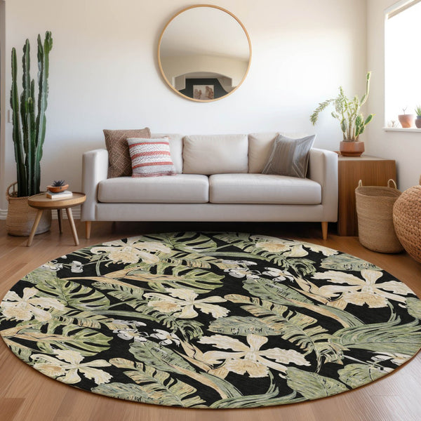 Homeroots 3' Stylish Botanical Leaves Area Rug - Durable, Washable, Perfect For Indoor & Outdoor Spaces Black Polyester 618390