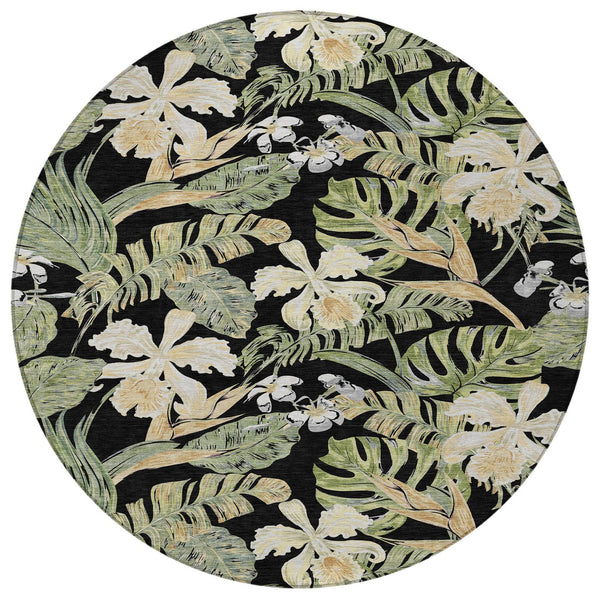 Homeroots 3' Stylish Botanical Leaves Area Rug - Durable, Washable, Perfect For Indoor & Outdoor Spaces Black Polyester 618390