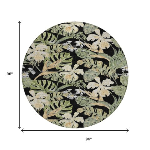 Homeroots 3' Stylish Botanical Leaves Area Rug - Durable, Washable, Perfect For Indoor & Outdoor Spaces Black Polyester 618390