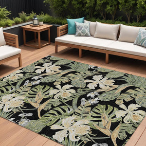 Homeroots 3' Stylish Botanical Leaves Area Rug - Durable, Washable, Perfect For Indoor & Outdoor Spaces Black Polyester 618393