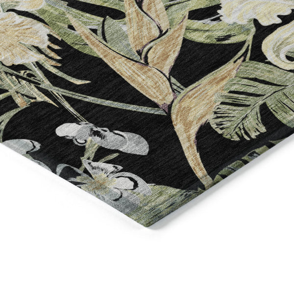 Homeroots 3' Stylish Botanical Leaves Area Rug - Durable, Washable, Perfect For Indoor & Outdoor Spaces Black Polyester 618393