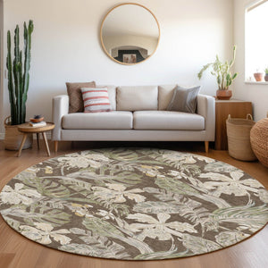 HomeRoots 5' Botanical Leaves Area Rug – Durable, Machine-Washable Charm for Indoor & Outdoor Spaces 8' Round 618396