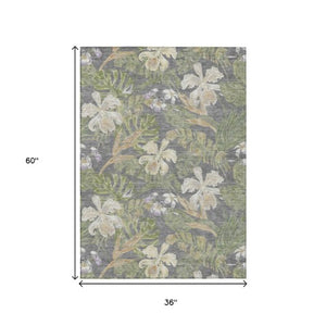 Homeroots 3' Stylish Botanical Leaves Area Rug - Durable, Washable, Perfect For Indoor & Outdoor Spaces Gray Polyester 618400