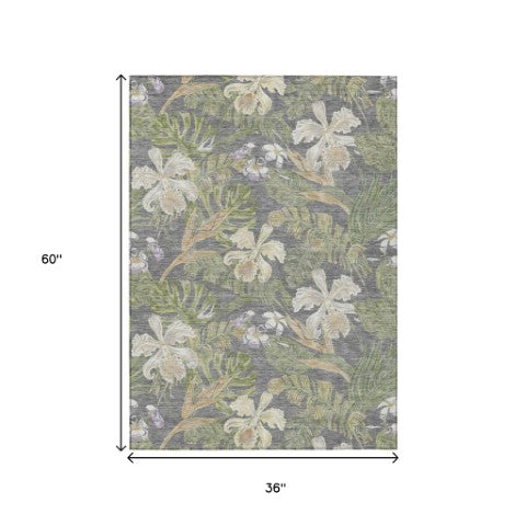 Homeroots 3' Stylish Botanical Leaves Area Rug - Durable, Washable, Perfect For Indoor & Outdoor Spaces Gray Polyester 618400