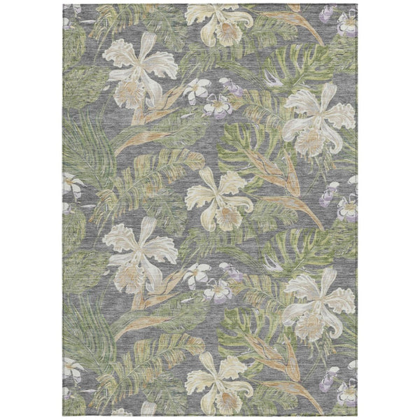 HomeRoots 5' Gray Beige and Olive Green Botanical Leaves Area Rug - Washable, Durable for Indoor or Outdoor Use 5' X 8' 618401