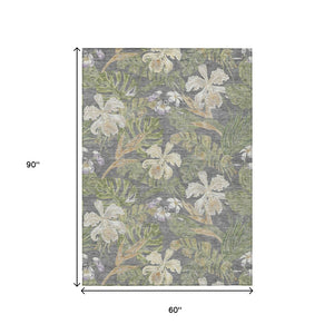 HomeRoots 5' Gray Beige and Olive Green Botanical Leaves Area Rug - Washable, Durable for Indoor or Outdoor Use 5' X 8' 618401