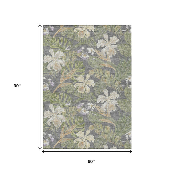 HomeRoots 5' Gray Beige and Olive Green Botanical Leaves Area Rug - Washable, Durable for Indoor or Outdoor Use 5' X 8' 618401