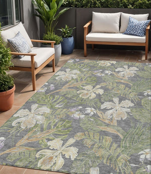 HomeRoots 5' Gray Beige and Olive Green Botanical Leaves Area Rug - Washable, Durable for Indoor or Outdoor Use 5' X 8' 618401