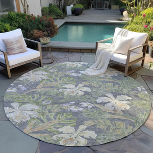 HomeRoots 5' Gray Beige and Olive Green Botanical Leaves Area Rug - Washable, Durable for Indoor or Outdoor Use 8' Round 618402