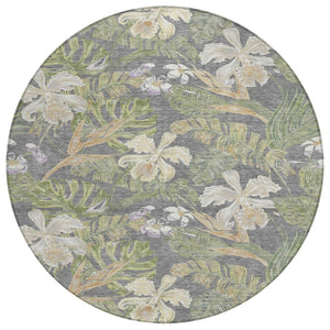HomeRoots 5' Gray Beige and Olive Green Botanical Leaves Area Rug - Washable, Durable for Indoor or Outdoor Use 8' Round 618402