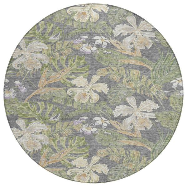 HomeRoots 5' Gray Beige and Olive Green Botanical Leaves Area Rug - Washable, Durable for Indoor or Outdoor Use 8' Round 618402