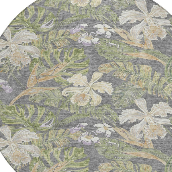 HomeRoots 5' Gray Beige and Olive Green Botanical Leaves Area Rug - Washable, Durable for Indoor or Outdoor Use 8' Round 618402