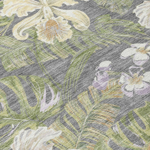 HomeRoots 5' Gray Beige and Olive Green Botanical Leaves Area Rug - Washable, Durable for Indoor or Outdoor Use 8' Round 618402