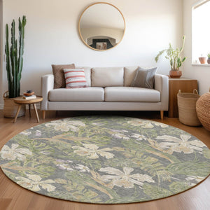 HomeRoots 5' Gray Beige and Olive Green Botanical Leaves Area Rug - Washable, Durable for Indoor or Outdoor Use 8' Round 618402