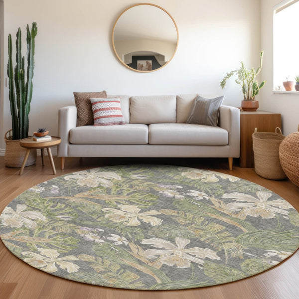 HomeRoots 5' Gray Beige and Olive Green Botanical Leaves Area Rug - Washable, Durable for Indoor or Outdoor Use 8' Round 618402