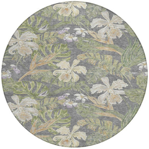 HomeRoots 5' Gray Beige and Olive Green Botanical Leaves Area Rug - Washable, Durable for Indoor or Outdoor Use 8' Round 618402