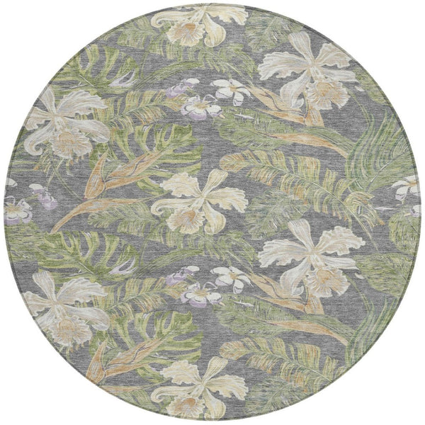 HomeRoots 5' Gray Beige and Olive Green Botanical Leaves Area Rug - Washable, Durable for Indoor or Outdoor Use 8' Round 618402