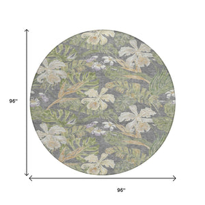 HomeRoots 5' Gray Beige and Olive Green Botanical Leaves Area Rug - Washable, Durable for Indoor or Outdoor Use 8' Round 618402